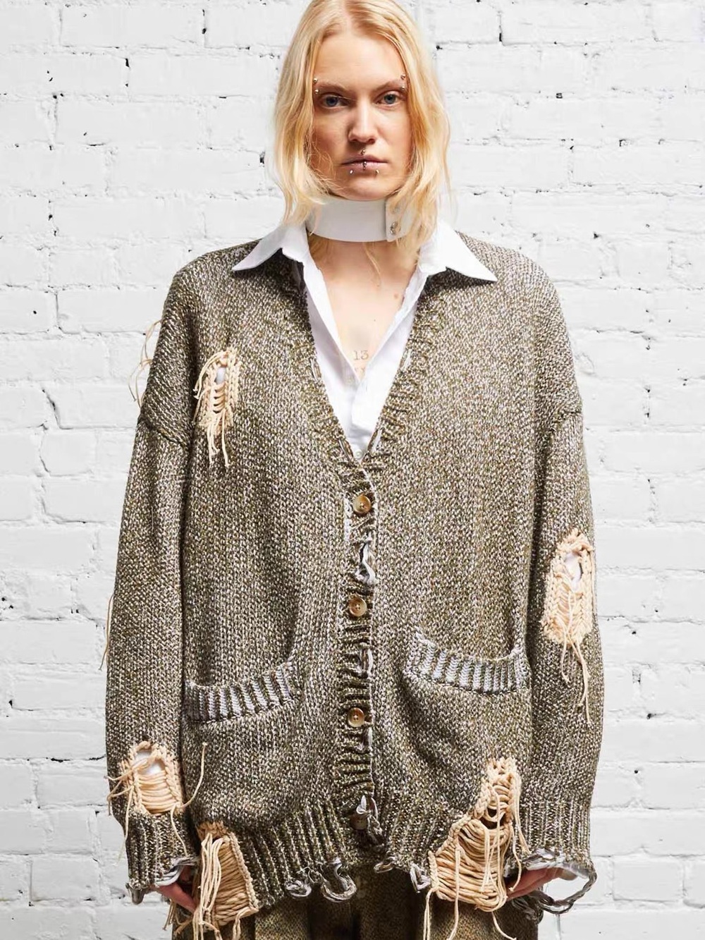 R13 Distressed Open-Front Cardigan in Olive and Cream